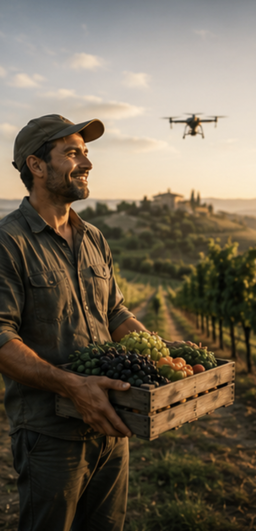 Dirt road flanked by vineyards and cypress trees, rolling hills, mist, and distant town in Tuscany.